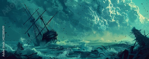 An illustration concept depicting a shipwreck survivor, capturing the dramatic and adventurous scenario with detailed visual elements. photo