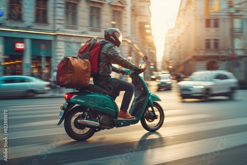 Man courier using a on a green moped with a cube-shaped delivery bag moving fast on motorway road in city urban to find the delivery address  Generative AI 