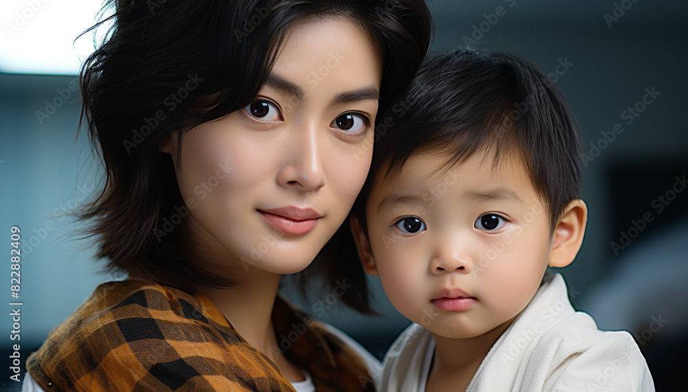 A loving mother and child, smiling, looking at camera generated by AI A loving mother and child, smiling, looking at camera generated by AI