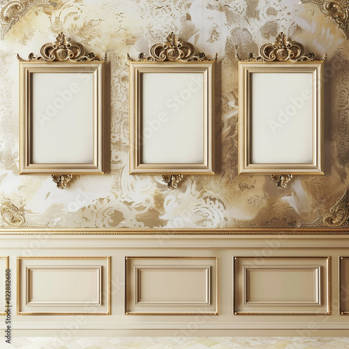 Vintage gallery ambiance with ornate blank frames on a classic beige wall.