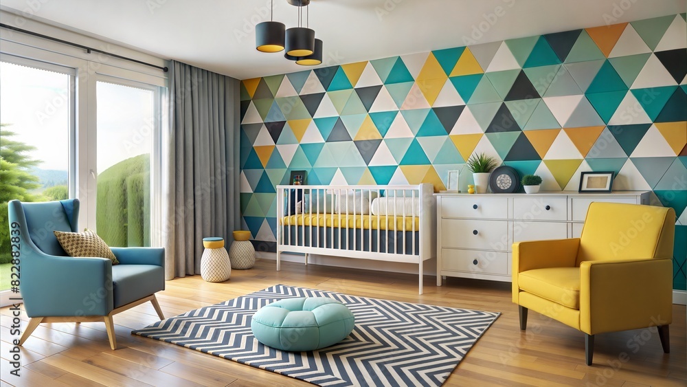 Fototapeta premium Modern Nursery with Geometric Patterns and Bold Colors: A striking nursery room with a bold design, featuring a mix of geometric patterns and vibrant colors. The room includes a black crib 