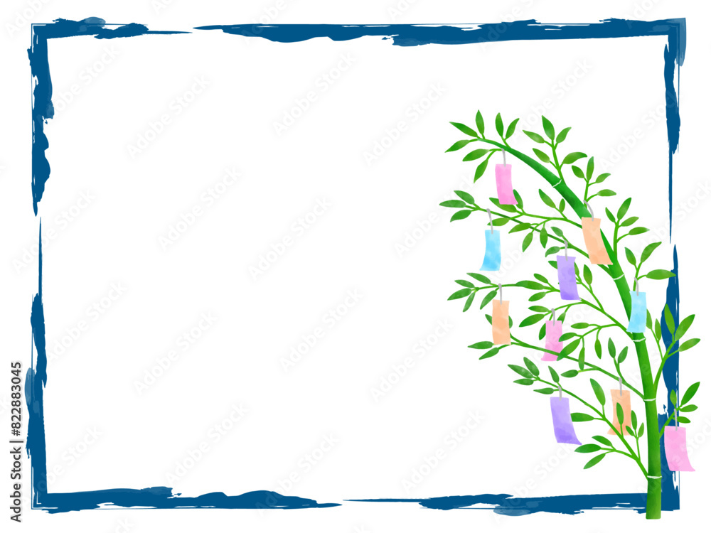 Obraz premium 七夕の笹飾りと筆で描いたラインのフレーム