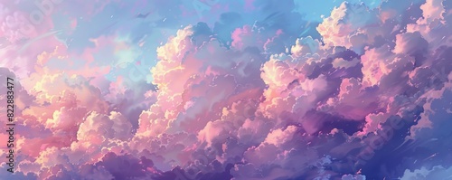 An anime and manga-inspired cloud painting, providing a 4K sky wallpaper with a moody and colorful background. This painted cloudscape features pink and white clouds, depicting the sky at dusk or