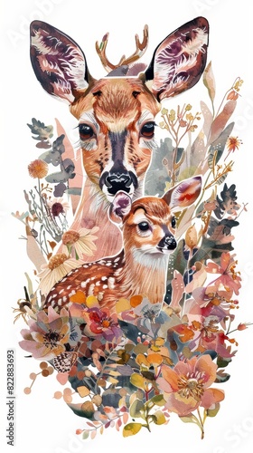 A safari animal set featuring a deer with a fawn and an owlet among flowers, illustrated in a watercolor style. Isolated images created using Generative AI. photo