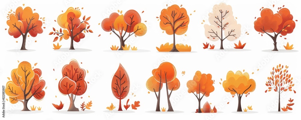 A set of vector illustrations depicting autumn trees and bushes, including trees with crowns, trunks, and branches. A set of vector illustrations depicting autumn trees and bushes, including trees with crowns, trunks, and branches.