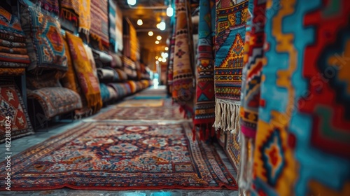Vibrant handmade oriental carpets at traditional Middle Eastern market. Concept Carpets, Handmade, Traditional, Middle Eastern, Market photo