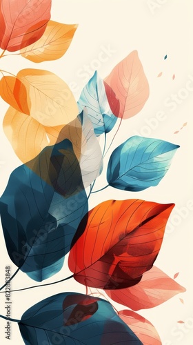 An illustration of colored leaves, creating a beautiful and minimalistic print ideal for postcards, congratulatory messages, and posters. Generated using AI.
