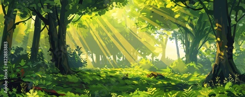 A forest landscape illustration featuring green plants and sun rays filtering through the trees.