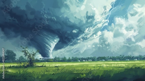 An illustration of a tornado in a field, featuring a summer landscape with green meadows.