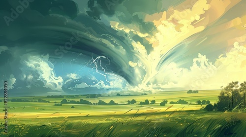 An illustration of a tornado in a field, featuring a summer landscape with green meadows.