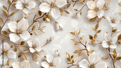 An elegant pattern featuring white flowers with golden leaves and branches, set against a light background. This hand-drawn brush pattern is ideal for vintage decorative elements for postcards.