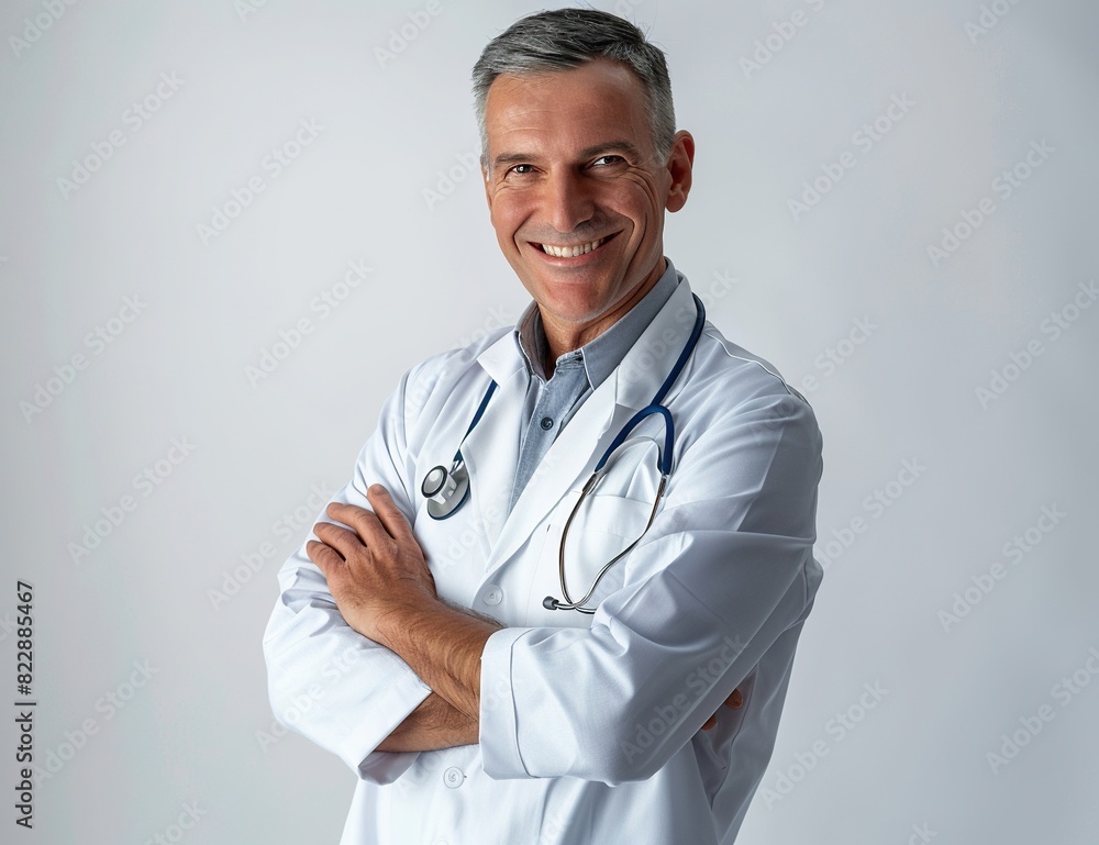 a smiling man with gray hair and a big nose wearing a white shirt and stethoscope, with a hand visible in the foreground a smiling man with gray hair and a big nose wearing a white shirt and stethoscope, with a hand visible in the foreground