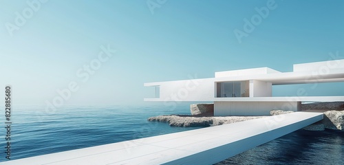 A minimalist luxury villa on a remote beach, with sleek white architectural lines contrasting against the deep blue of the ocean at midday. 32k, full ultra hd, high resolution © Sardar,s photos
