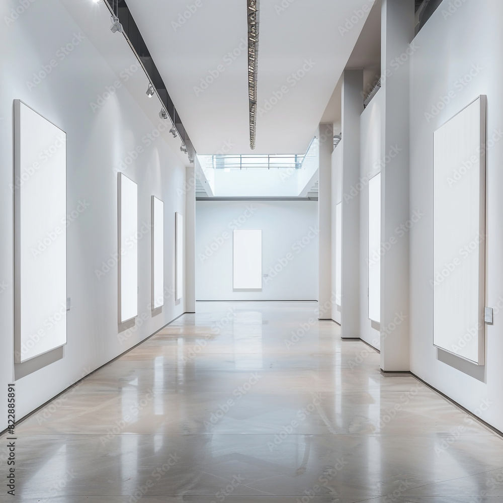 Open gallery space, evenly spaced medium-sized blank posters on walls.