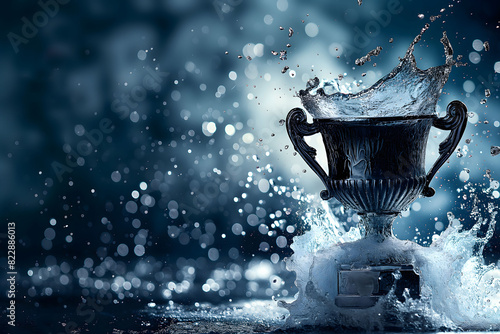 Silver trophy with dramatic water splash and a dark bokeh background