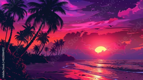 Tropical beach with palm trees at sunset  vibrant red and purple sky 