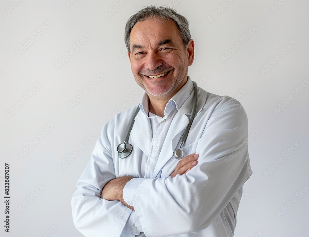 a smiling man with gray hair and a large nose wearing a white shirt and stethoscope, with a hand visible in the foreground a smiling man with gray hair and a large nose wearing a white shirt and stethoscope, with a hand visible in the foreground