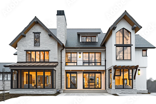 A contemporary Craftsman home with a mix of materials, angular rooflines, and expansive windows, capturing the essence of modern luxury against a solid white background photo