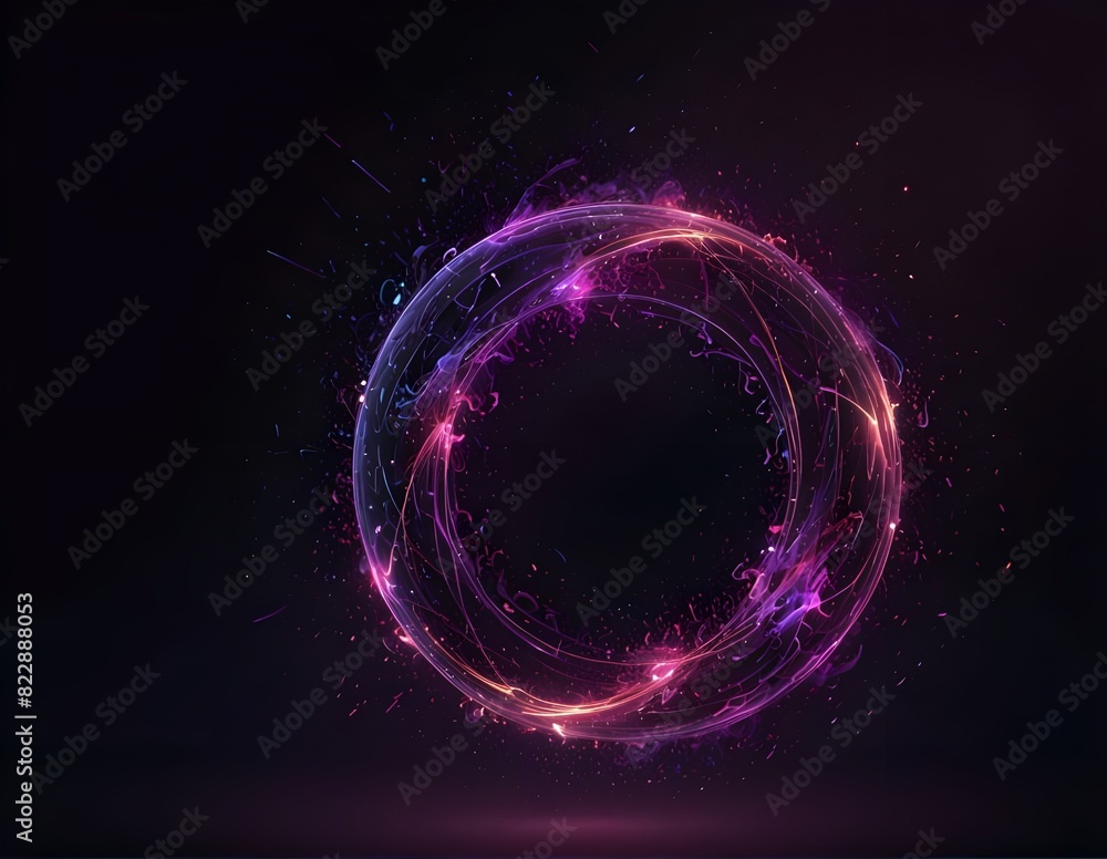 Obraz premium Abstract neon energy sphere of particles and waves of magical glowing on a dark background, circle and loop frames with magic purple and pink flame and sparks isolated on transparent, generative ai