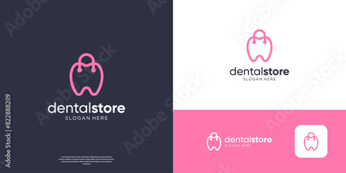 Minimalist dental clinic and dentistry logo design. Shopping bag with dental symbol logo.