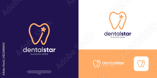 Minimalist dental line art with star logo design template.