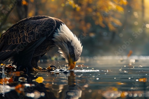 an eagle was drinking at the river photo