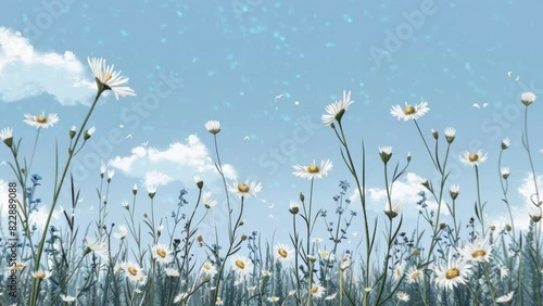 Anime animation of beautiful field meadow flowers chamomile as a nature landscape background. anime animations. Animations
