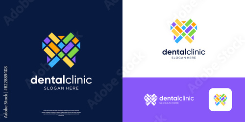 Colorful mosaic dental care logo design. Geometric dentistry logo design template.