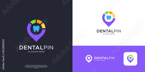 Colorful dental care logo design with pin location logo elements.