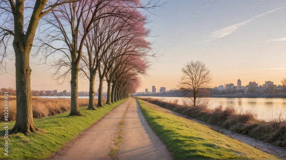 Fototapeta premium Scenic Riverside Pathway Adorned with Winter Trees