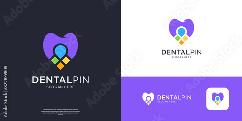 Abstract dental care logo with pin location symbol vector illustration.