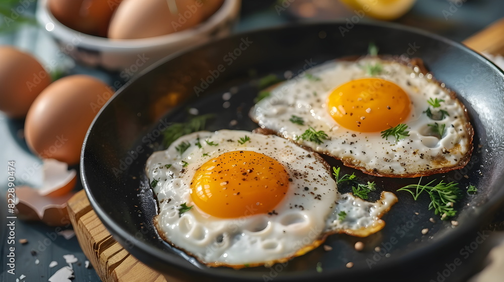 fried eggs with chives in an iron pan on a wooden table fried eggs with chives in an iron pan on a wooden table