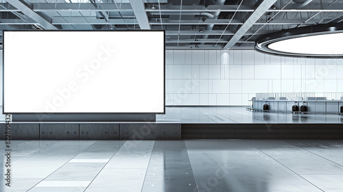 Modern terminal setting for a wide blank billboard near the baggage carousel. photo