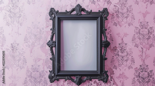 Soft pink vintage wallpaper with a wide charcoal blank frame, elegant and subdued. photo