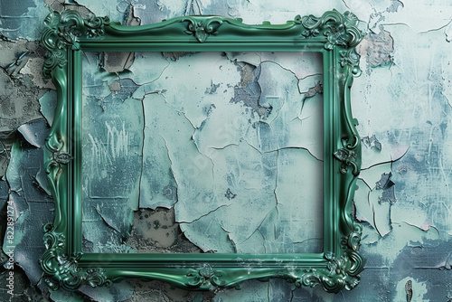 Peeling paint grunge wallpaper showcases a deep textured tall forest green ornate blank frame.
