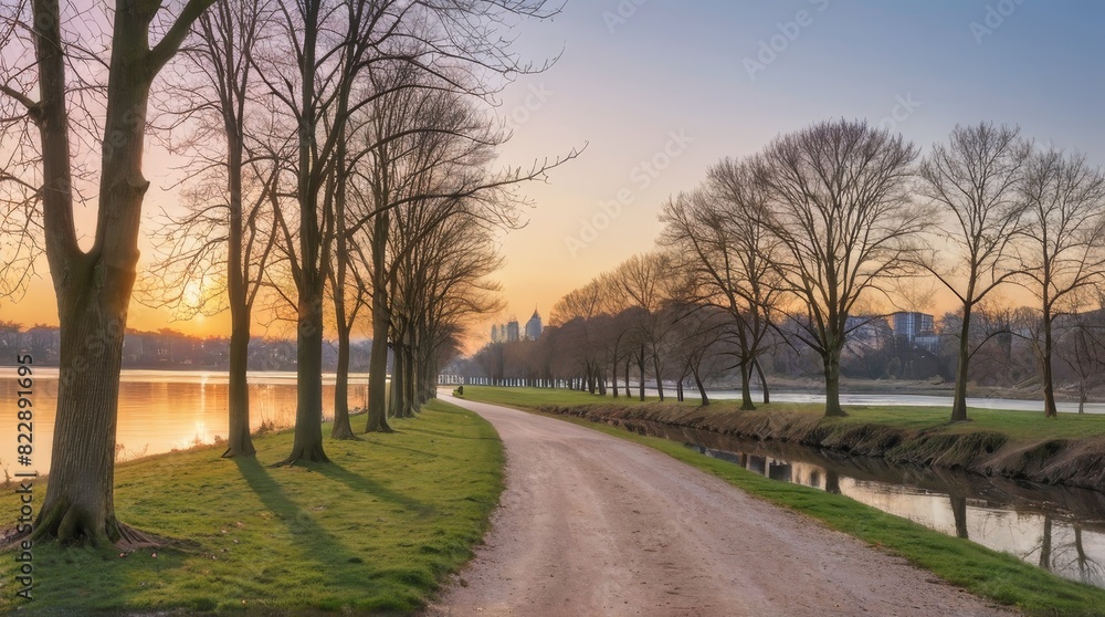 Scenic Riverside Pathway Adorned with Winter Trees Scenic Riverside Pathway Adorned with Winter Trees