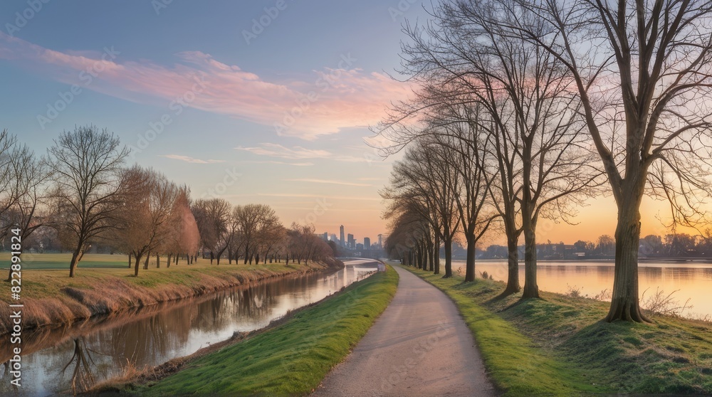 Scenic Riverside Pathway Adorned with Winter Trees