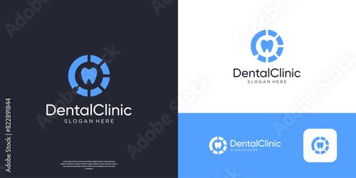 Dental care logo with magnifying glass logo design template.