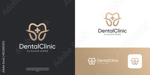 Golden dental care logo design template.