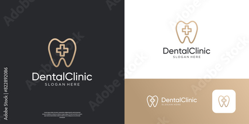 Simple dental care logo and cross symbol golden logo design.
