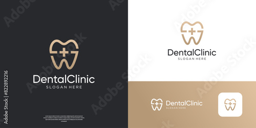 Golden dental clinic logo template. Dentistry line art logo design.