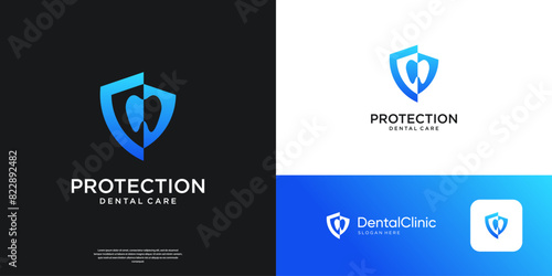 Dental clinic protection logo template. Abstract shield and teeth logo design.