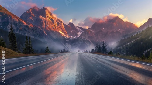 A mountain road at dawn, with the road surface wet from morning dew and the first rays of the sun lighting up the misty mountains. 32k, full ultra hd, high resolution