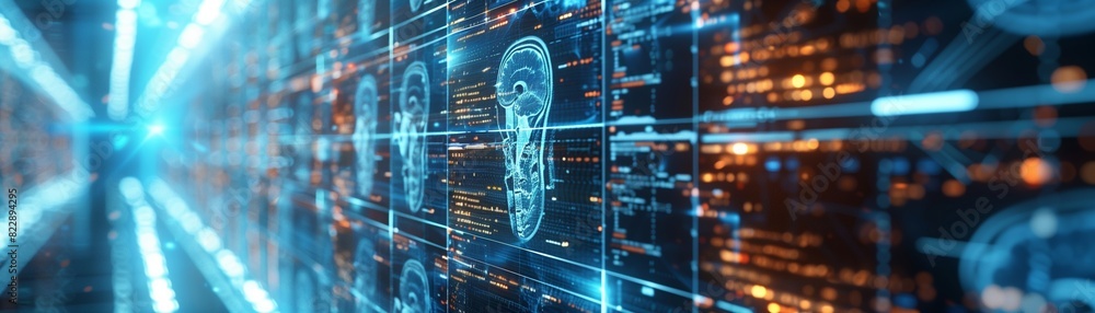 Multiple digital brain scans displayed on high-tech screens, illustrating advanced medical imaging technology and data analysis in neuroscience.