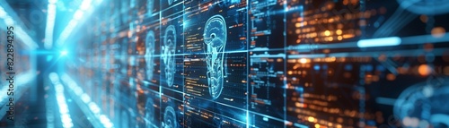 Multiple digital brain scans displayed on high-tech screens, illustrating advanced medical imaging technology and data analysis in neuroscience.