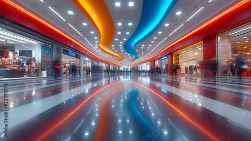 Low angle view - shopping mall. - bright colors - retail stores - holiday shopping © Jeff