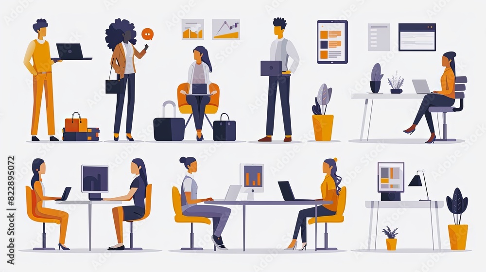Business and marketing concept illustrations. Set of people vector illustrations in various activities of business, management, payment, market research and data analysis, communication Business and marketing concept illustrations. Set of people vector illustrations in various activities of business, management, payment, market research and data analysis, communication