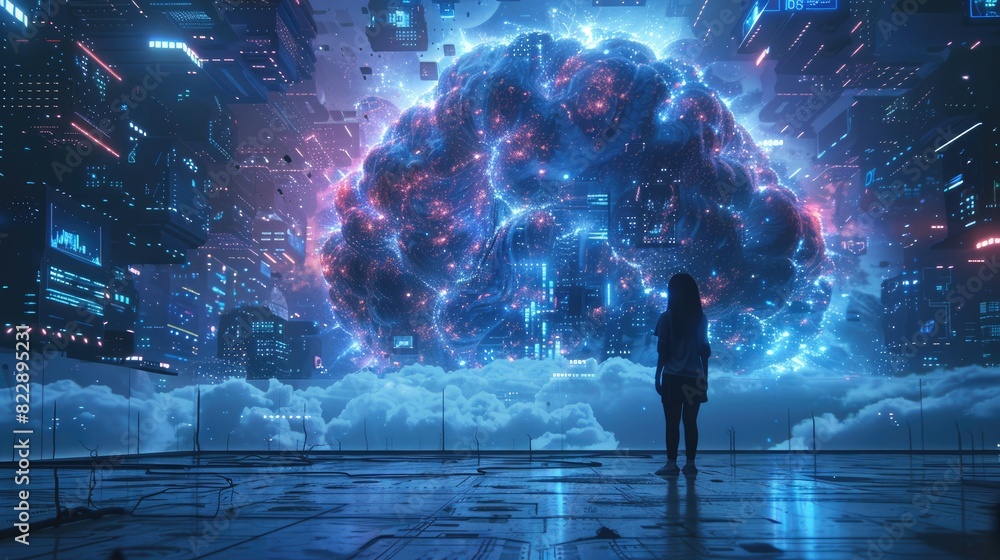 Obraz premium Futuristic Brain-like AI Over Digital City with Woman Silhouette in Neon Lights