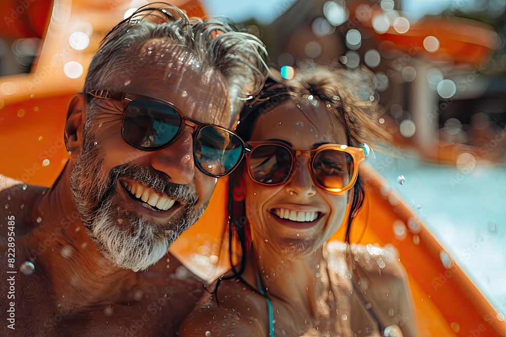 Happy Couple Enjoying Water Slide Fun Together on Sunny Summer Day Happy Couple Enjoying Water Slide Fun Together on Sunny Summer Day