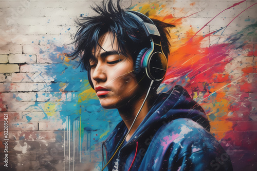 A vibrant graffiti mural  a young man  headphones on  lost in music dreams.